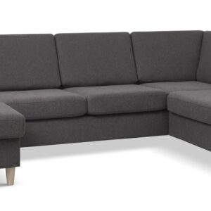 Wendy set 5 U OE right sofa, m. chaiselong - antracitgrå polyester stof og natur træ