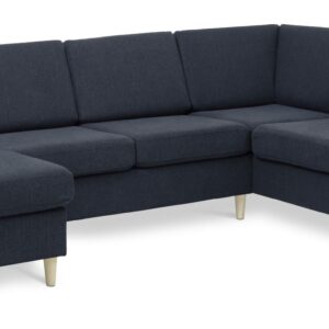 Wendy set 5 U OE right sofa, m. chaiselong - blå polyester stof og natur træ