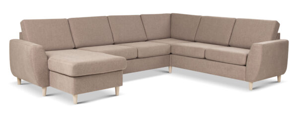 Wendy set 6 U 2C3D sofa, m. chaiselong - antelope beige polyester stof og natur træ