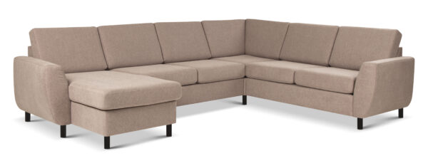 Wendy set 6 U 2C3D sofa, m. chaiselong - antelope beige polyester stof og sort træ