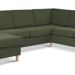 Wendy set 6 U 2C3D sofa, m. chaiselong - vinter mosgrøn polyester stof og natur træ