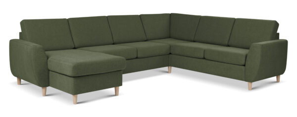 Wendy set 6 U 2C3D sofa, m. chaiselong - vinter mosgrøn polyester stof og natur træ