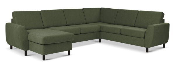 Wendy set 6 U 2C3D sofa, m. chaiselong - vinter mosgrøn polyester stof og sort træ