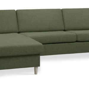 Wendy set 8 3D XL sofa, m. chaiselong - vinter mosgrøn polyester stof og natur træ