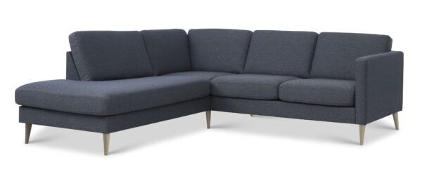 Ask sæt 52 lille OE sofa, m. venstre chaiselong - navy blå polyester stof og natur træ