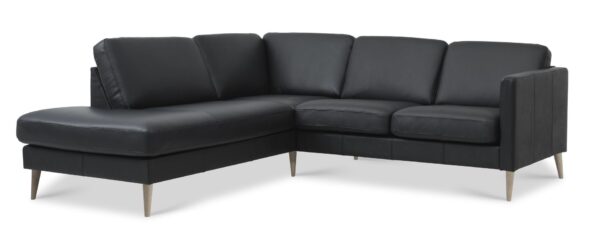 Ask sæt 52 lille OE sofa, m. venstre chaiselong - sort semianilin læder og natur træ
