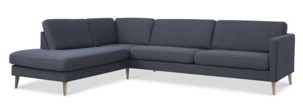Ask sæt 60 stor OE sofa, m. venstre chaiselong - navy blå polyester stof og natur træ