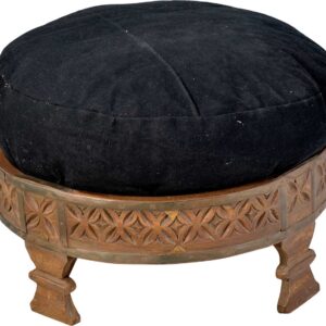 TRADEMARK LIVING puf - sort bomuld og mørkt træ m. patina, indisk handicraft (Ø 50)