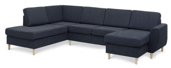 Wendy set 4 U OE left sofa, m. chaiselong - blå polyester stof og natur træ