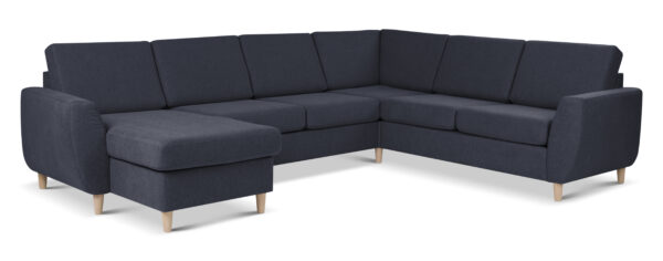 Wendy set 6 U 2C3D sofa, m. chaiselong - blå polyester stof og natur træ