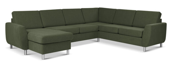 Wendy set 6 U 2C3D sofa, m. chaiselong - vinter mosgrøn polyester stof og børstet aluminium